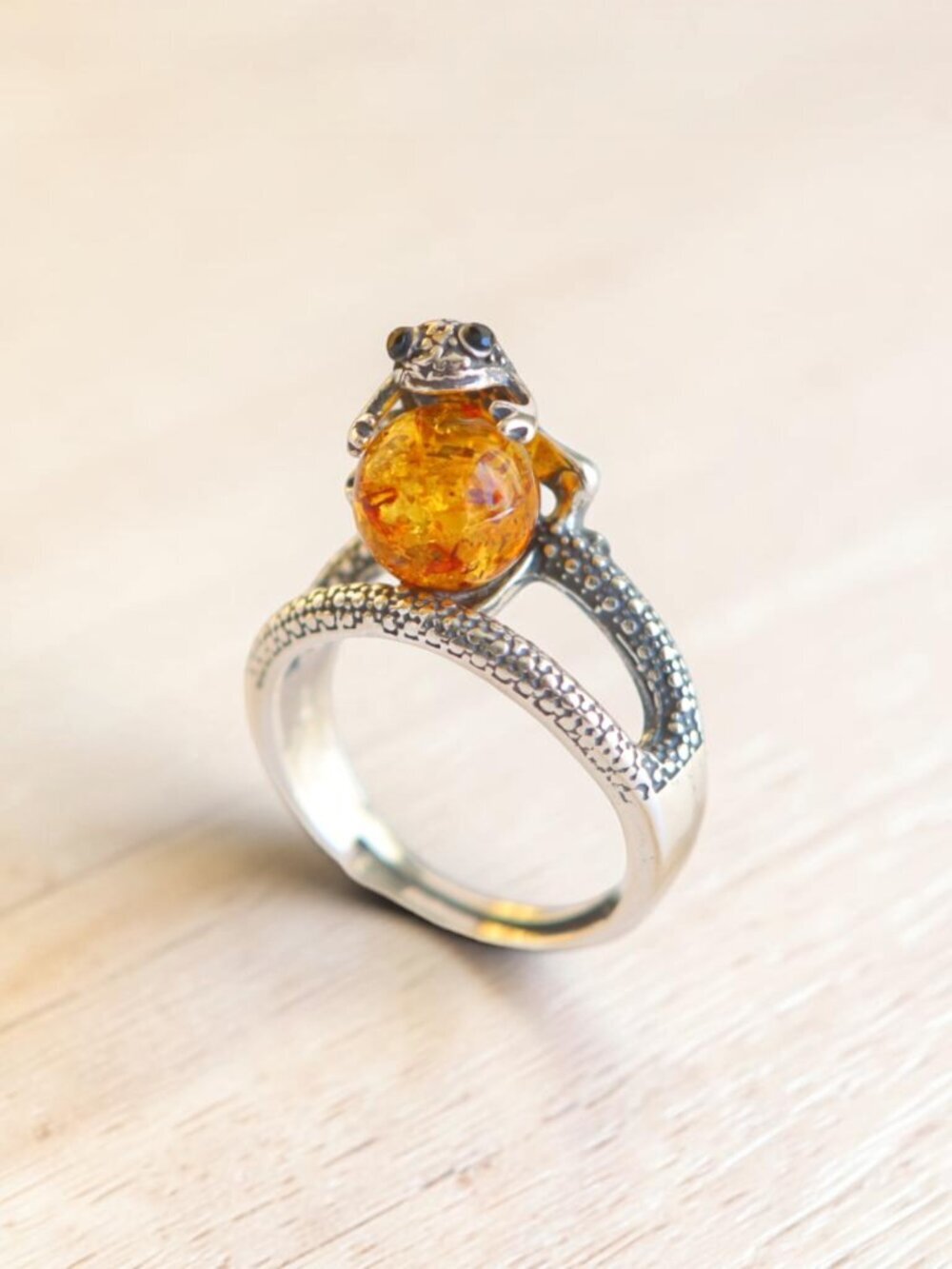Frog Ring with Baltic Amber and Sterling Silver